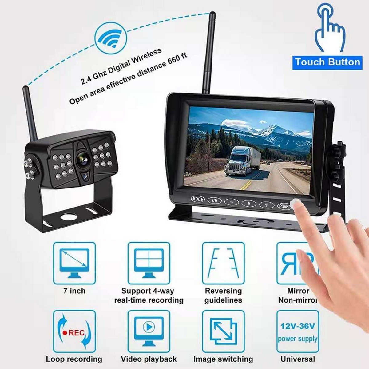 Wireless reversing touch set and comfortable parking