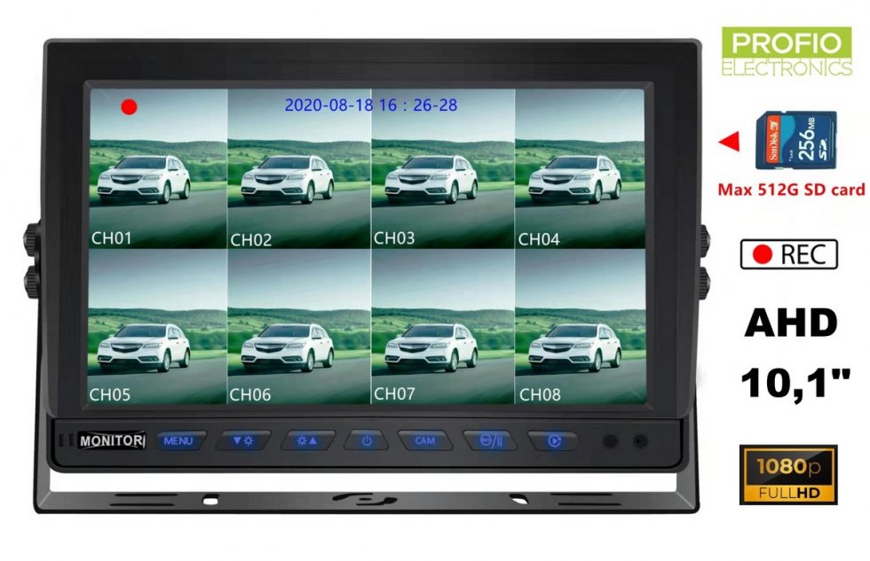 8CH hybrid 10,1 inch reversing monitor for cars and machinery
