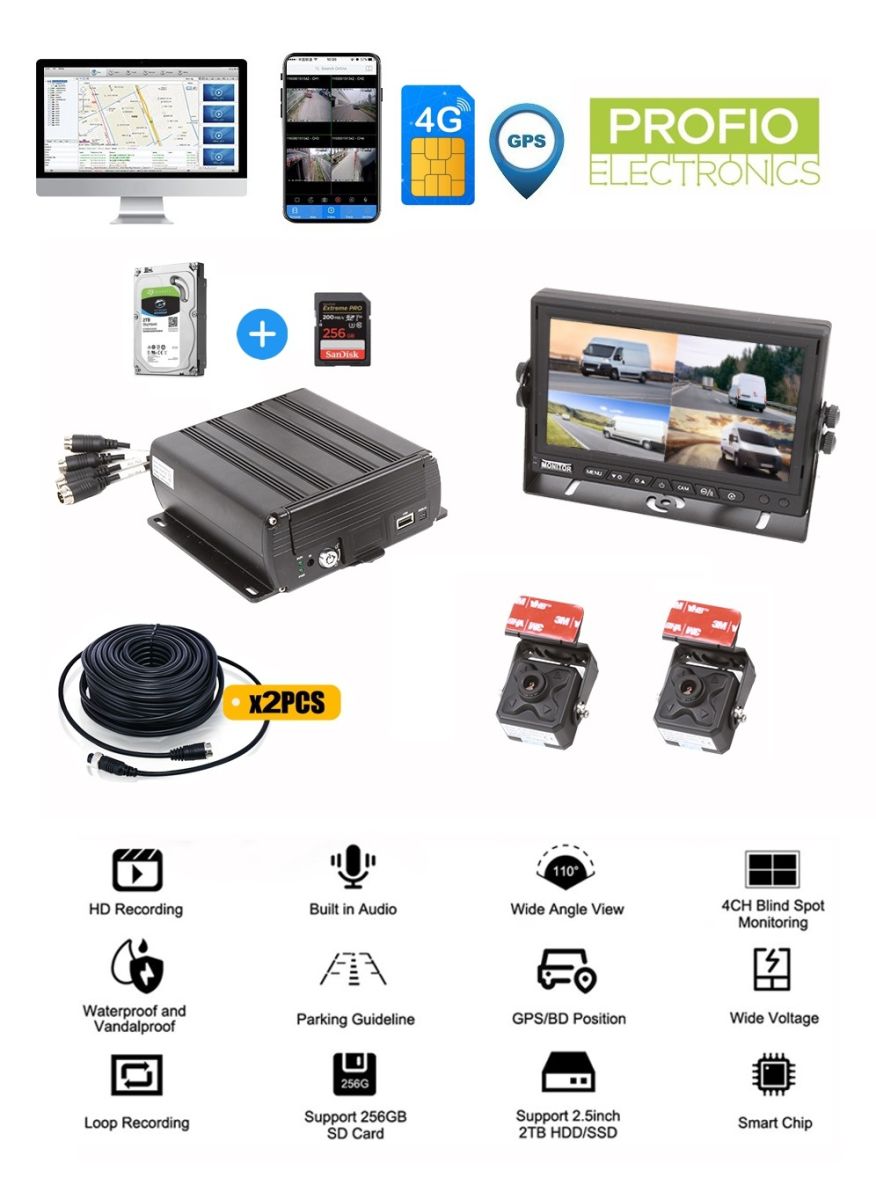 4 kamera do auta DVR rekordér + GPS/WIFI/4G SIM + sledovanie v reálnom čase app mobil - PROFIO X7