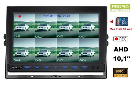 8CH hybridný 10,1" cúvací monitor pre autá a stroje AHD/CVBS záznam na SD kartu do 512GB