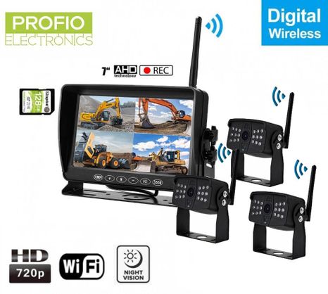 WiFi kamery set cúvanie - 3x AHD kamera + 1x 7" LCD DVR monitor​ s nahrávaním na SD kartu